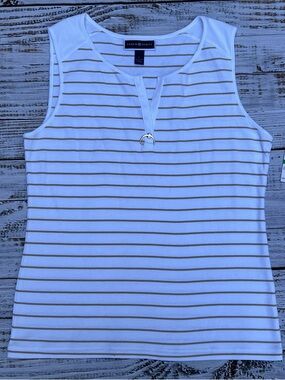 Karen Scott White Tank Top with Tan Stripes and Ring Accent
